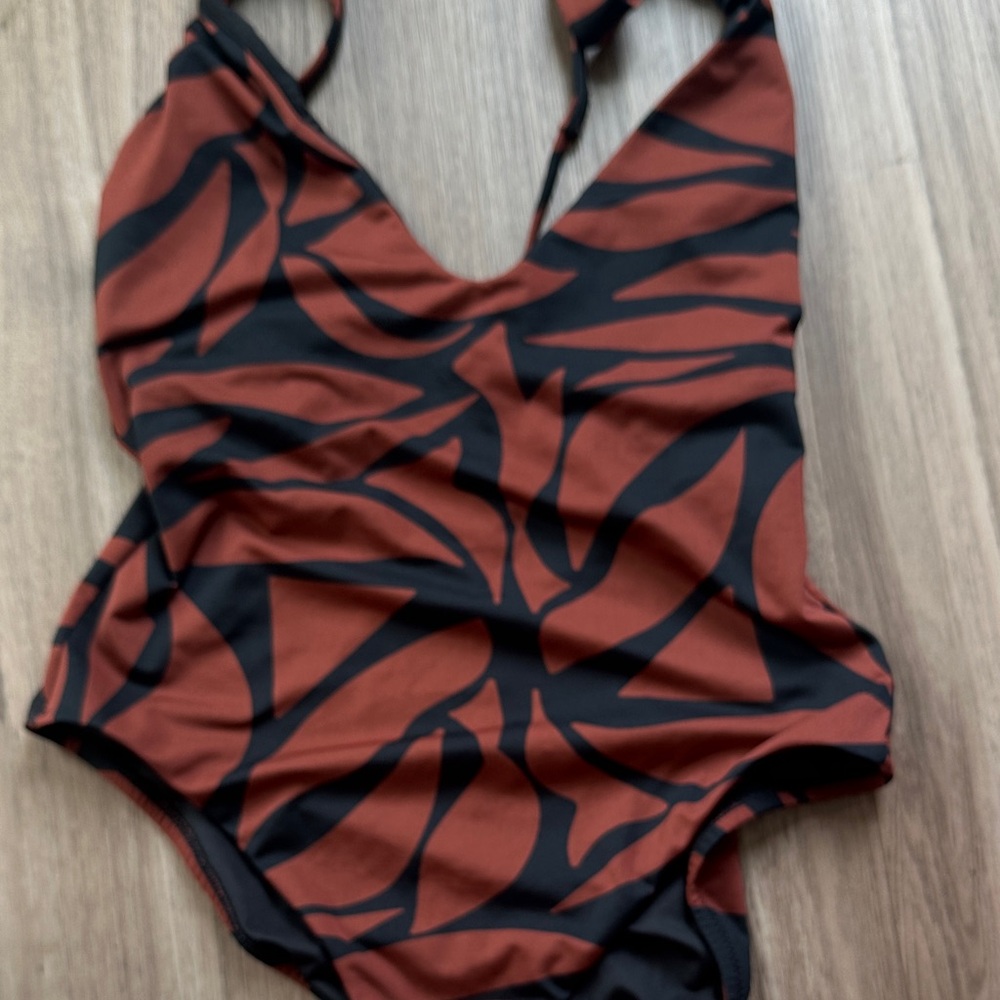 Copper brown and Black Abstract Print One-Piece Swimsuit